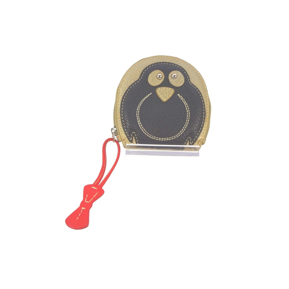 Coldwater Creek Gold/Black Leather Penguin Coin Purse‎ Wallet Red Keychain